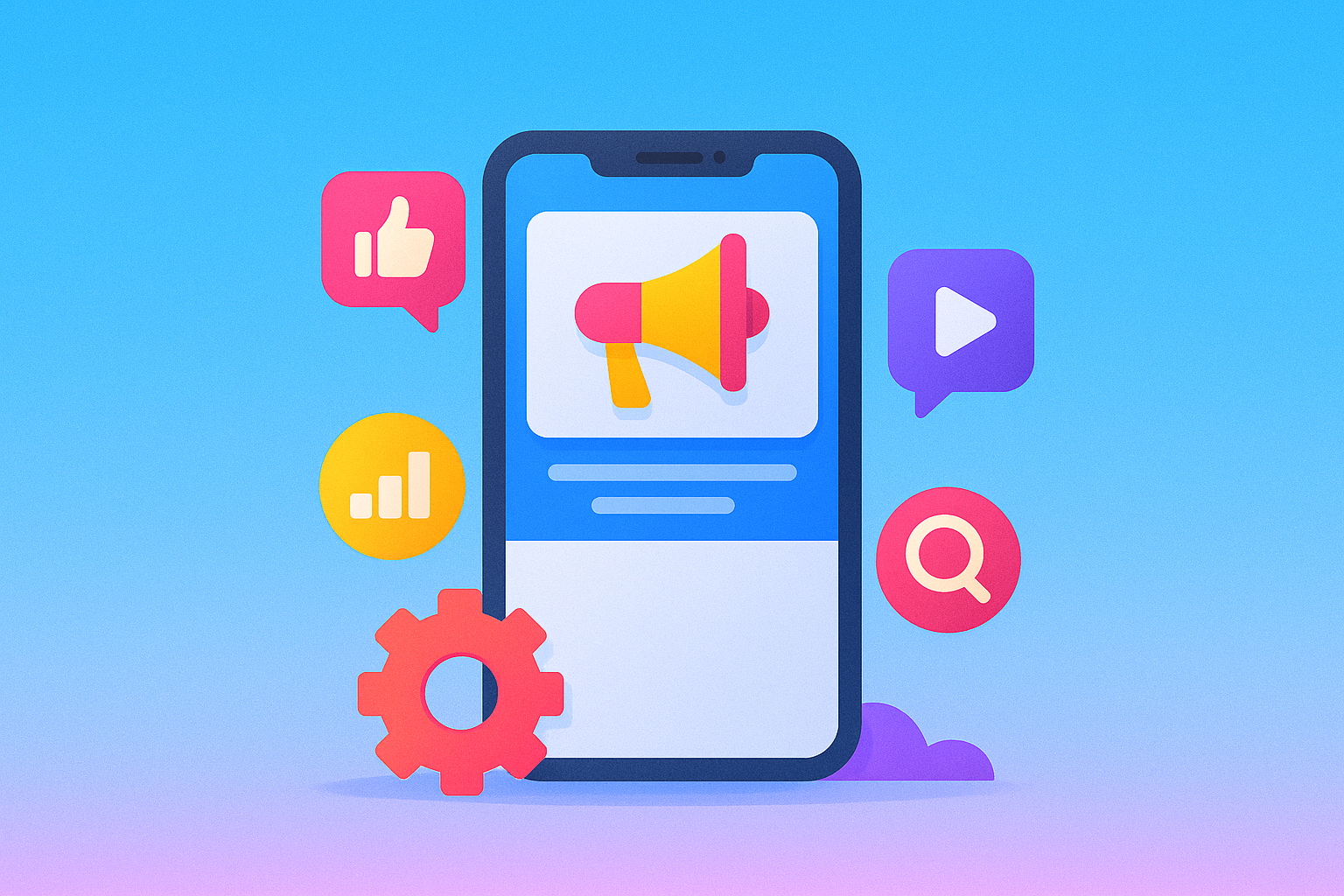 Social media marketing and engagement strategy with Facebook, Instagram, and Twitter icons for brand visibility