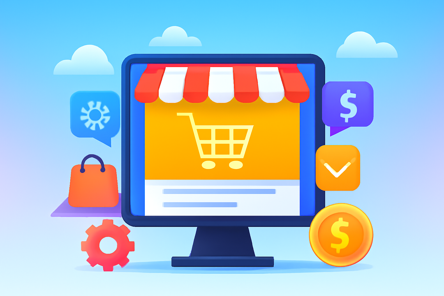 Digital shopping cart and storefront graphic representing diverse e-commerce solutions and business models