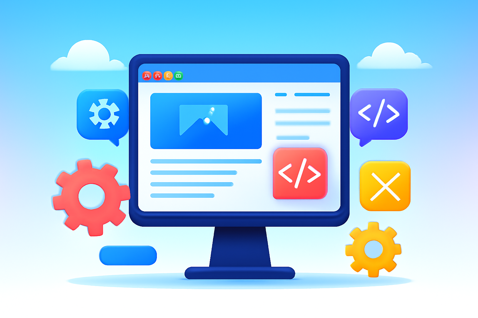 Web development tools and code symbols showcasing static, dynamic, and custom website solutions